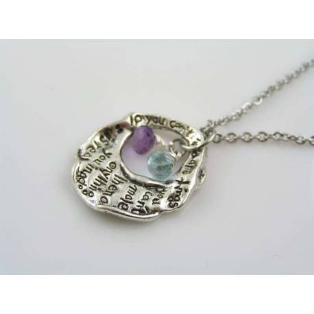 Abstract Letter Pendant Necklace with Blue Topaz and Amethyst