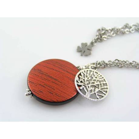Necklace with Tree of Life Charm and Red Circle Pendant
