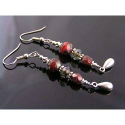Red Bead Silver Drop Earrings