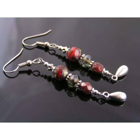 Red Bead Silver Drop Earrings