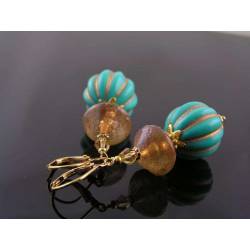 Ornate Turquoise and Gold Earrings, Light Weight Acrylic