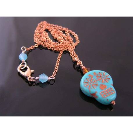 Turquoise and Copper Skull Bead Necklace