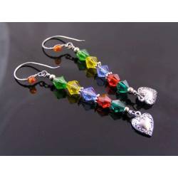 Wire Wrapped Colourful Crystal Earrings with Heart Charms