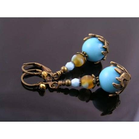 Ornate Bronze and Blue Earrings