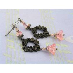 Pink Flower and Black Rose Earrings