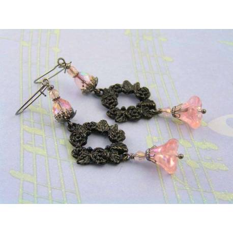 Pink Flower and Black Rose Earrings