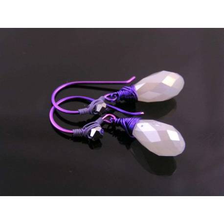 White Crystal Earrings, Purple Wire