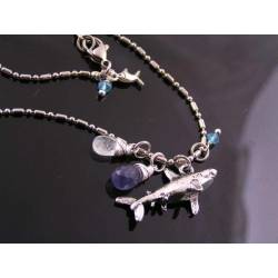 Save the Sharks, Charm Necklace with Iolite, Aquamarine and Mystic Quartz