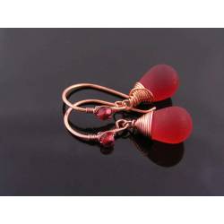 Wire Wrapped Red Sea Glass Drop Earrings, Copper