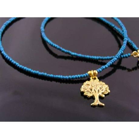 Tree of Life Necklace, Gold Pendant with Teal Seed Beads