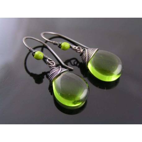 Silver Green Wire Wrapped Czech Glass Drop Earrings