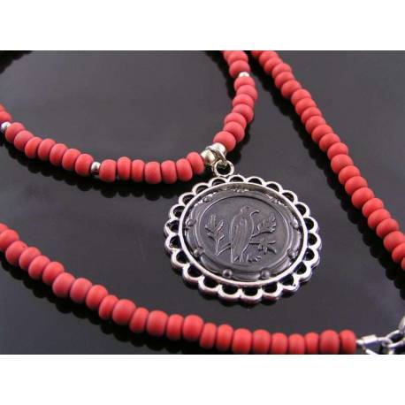 Dramatic Red Necklace with Black Raven Pendant
