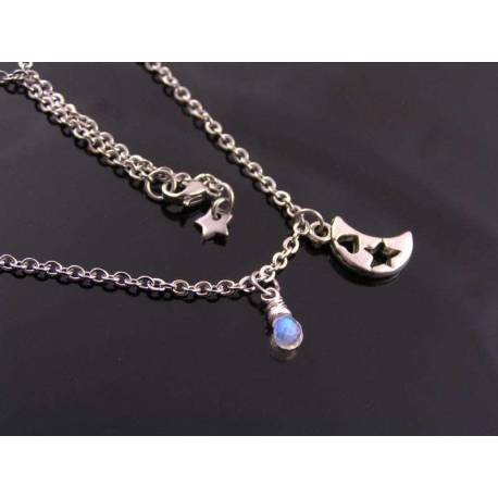 Teeny, Tiny Crescent Moon Necklace with Rainbow Moonstone