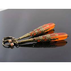 Victorian Style Ornate Seaglass Earrings, Orange