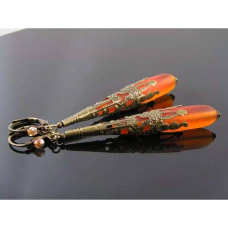 Victorian Style Ornate Seaglass Earrings, Orange