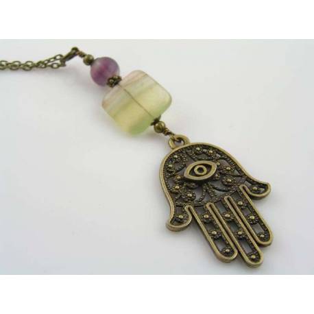 Hamsa Hand Necklace with Multi Colored Fluorite