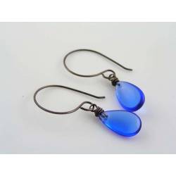 Sapphire Blue Drop Earrings, Wire Wrapped Czech Glass Earrings