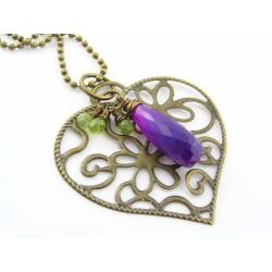 Large Purple Chalcedony and Peridot Drops with Large Filigree Heart Necklace