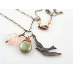 Pink Moon and Bird Charm Necklace