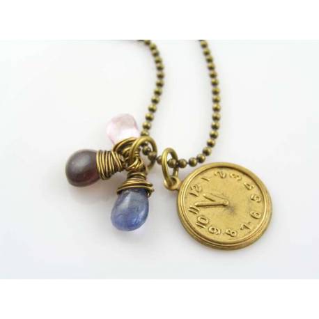 Whimsical Clock Charm Necklace with Hyperstene, Tanzanite and Pink Topaz