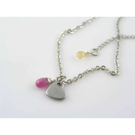 Initial Necklace with Heart Charm and Ruby Drop