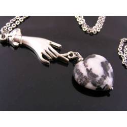 Art Deco Style Hand holding Carved Zebra Jasper Heart Pendant - Necklace