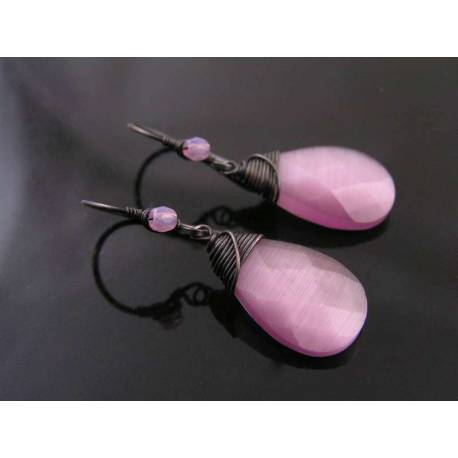 Purple Cats Eye Wire Wrapped Earrings