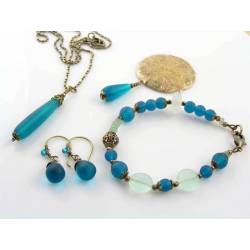 Teal Blue Sea Glass Set, Bracelet, Brooch, Necklace and Earrings