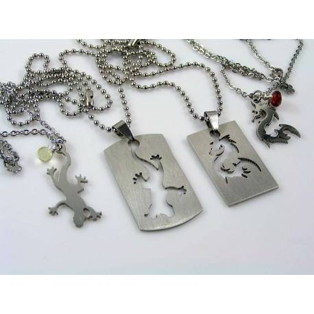 Matching Couple Necklace with Dragon, Lizard or Bird dog tag and Gemstones