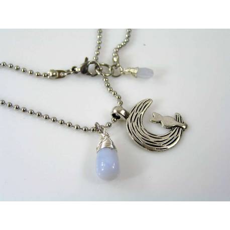 Cat in Moon Necklace with Natural Blue Chalcedony