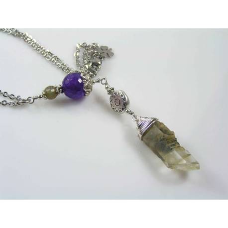 Natural Green Moss Crystal Wand Necklace with Amethyst and Labradorite, Healing Necklace, Crystal Jewelry