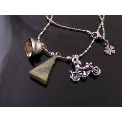 Motorcycle Rider Necklace with Labradorite and Gremlin Bell