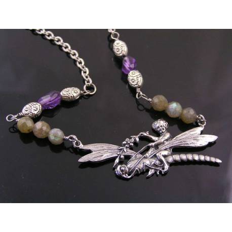 Angel riding Dragonfly Necklace with Labradorite and Amethyst