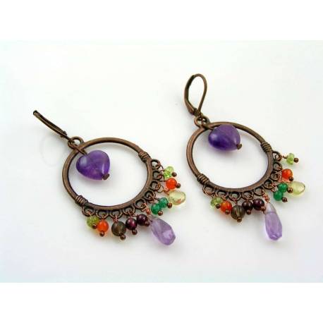 Amethyst Heart and Gemstone Chandelier Earrings