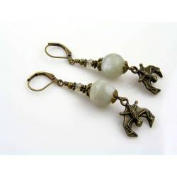 Grey Moonstone Earrings with Bat Charms