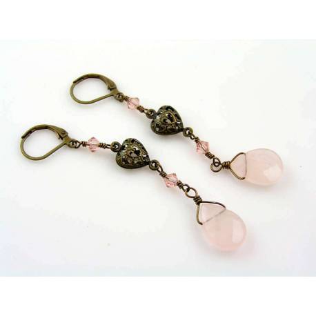 Rose Quartz Earrings with Swarovski Crystals and Filigree Hearts