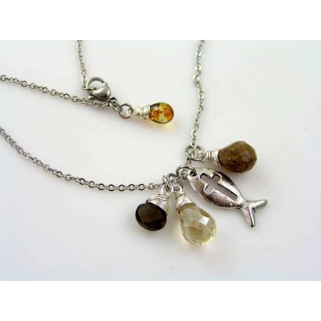 Smokey Quartz, Coffee Quartz and Crystal Ichthus Necklace