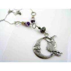 Witch and Moon Necklace with Charoite, Amethyst and Moonstone