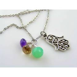 Hamsa Charm Necklace with Amethyst, Opal Chalcedony and Quartz