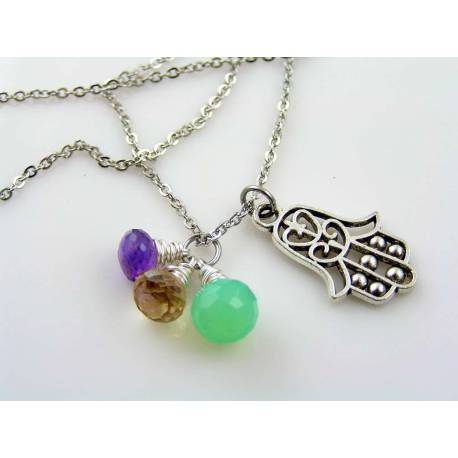 Hamsa Charm Necklace with Amethyst, Opal Chalcedony and Quartz