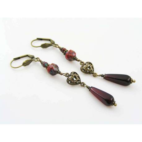 Long Red Earrings, Czech Glass Beads