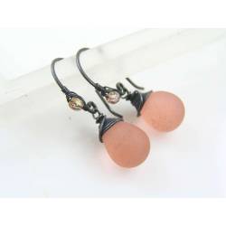 Wire Wrapped Peach Sea Glass Drop Earrings, Copper