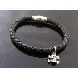 Black Leather Bracelet with Skull Charm