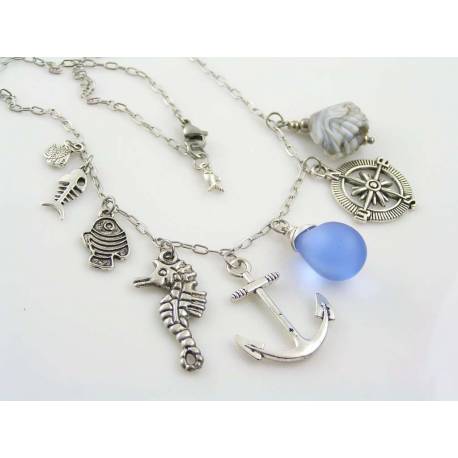 Ocean Themed Necklace with Compass, Anchor, Seahorse and Fish