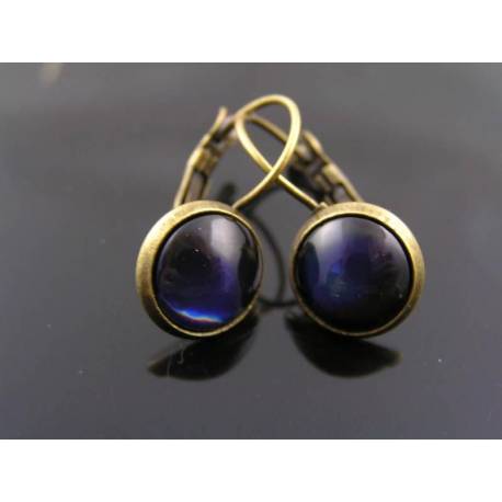 Deep Blue/Green Cabochon Earrings, Bronze