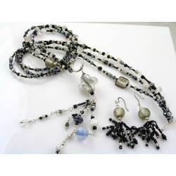 Black and Silver Glass and Seed Bead Necklace + Matching Earrings