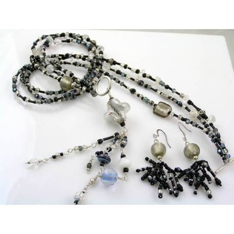 Handmade Black and Silver Seed Bead Necklace and Earrings Set