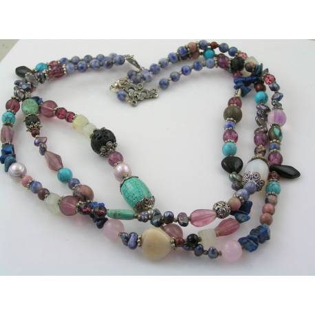 Three Strand Gemstone, Pearl and Glass Bead Necklace