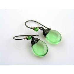 Large Green Czech Drop Earrings, Wire Wrapped Ear Wires