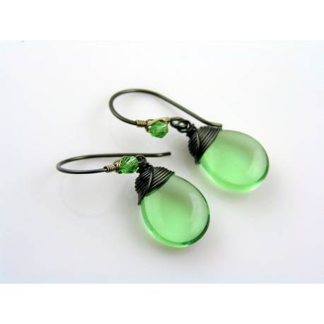 Large Green Czech Drop Earrings, Wire Wrapped Ear Wires